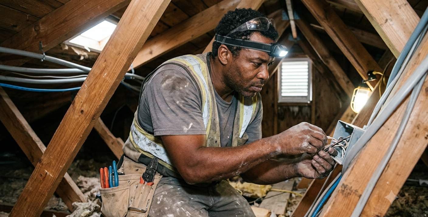 Electrician wiring a panel in an attic