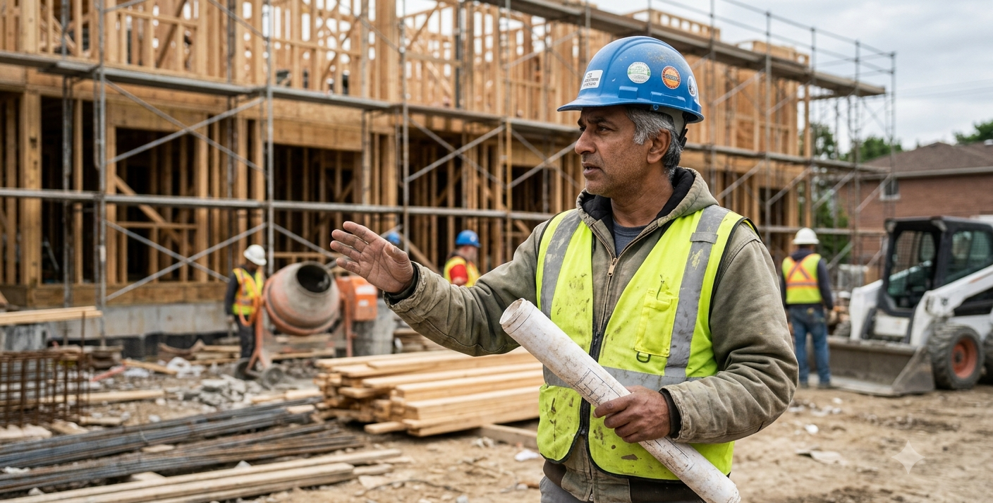 General contractor reviewing plans on a residential construction site