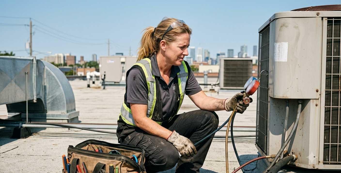 HVAC technician servicing a rooftop unit