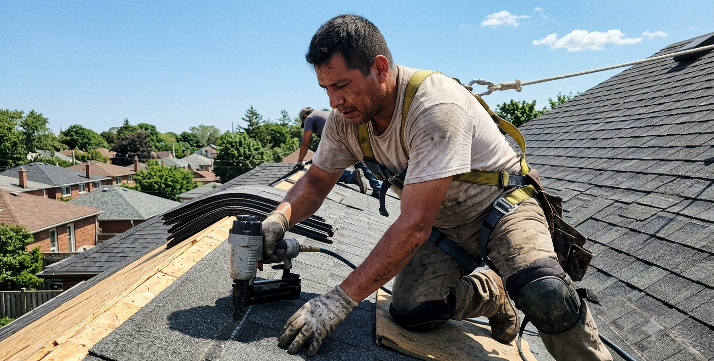 Roofer installing shingles